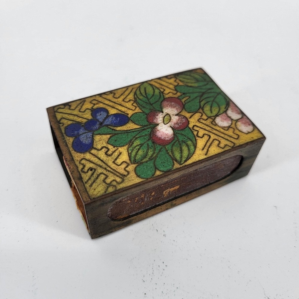 Antique Chinese Cloisonne Enamel Matchbox Holder Floral Brass